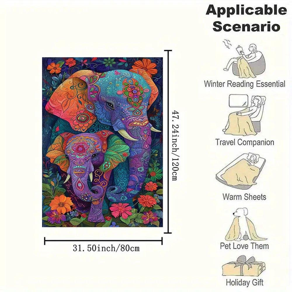 Colorful Elephant Family Art Print - Bohemian Floral DecorBlanket Flannel Throw Blanket for Sofa, Bed, Travel, Camping, Office, Couch, Chair