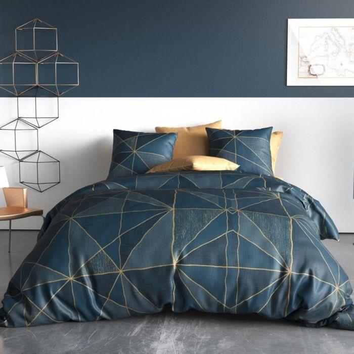 Parure De Lit - Housse Couette + 2 Taies - 260 X 240 Cm - Géométrique - Bleu Pétrole Et Doré