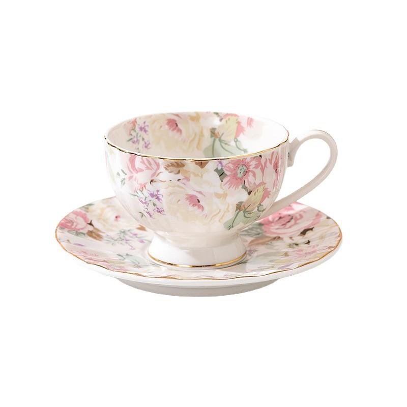 Flowering Retro British Sweet Coffee Cup Saucer Bone China Light Luxury Exquisite High-End Women'S Red Tea Cup Afternoon Tea Coffee