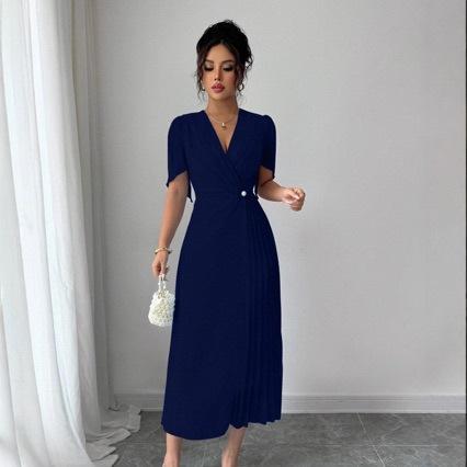 Summer European and American fashion temperament casual pleated sexy waist dress