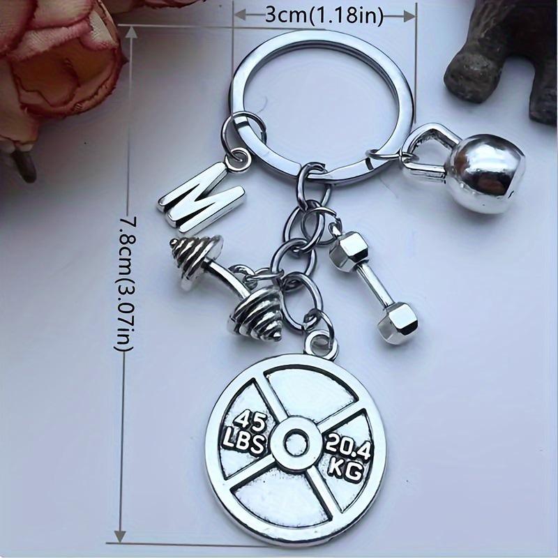 Mini Sports Equipment Keychain: Barbell, Dumbbell, Kettlebell, Gym Letter.