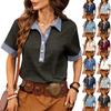 Women's Fashion Color Block Polo Shirt Button Front Short Sleeve Top Cotton Linen Blend Denim Trim Casual Blouse