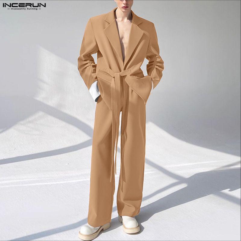 INCERUN Two Pieces Men Long Sleeve Lace-up Thin Blazer Long Straight Pants Loose Sets