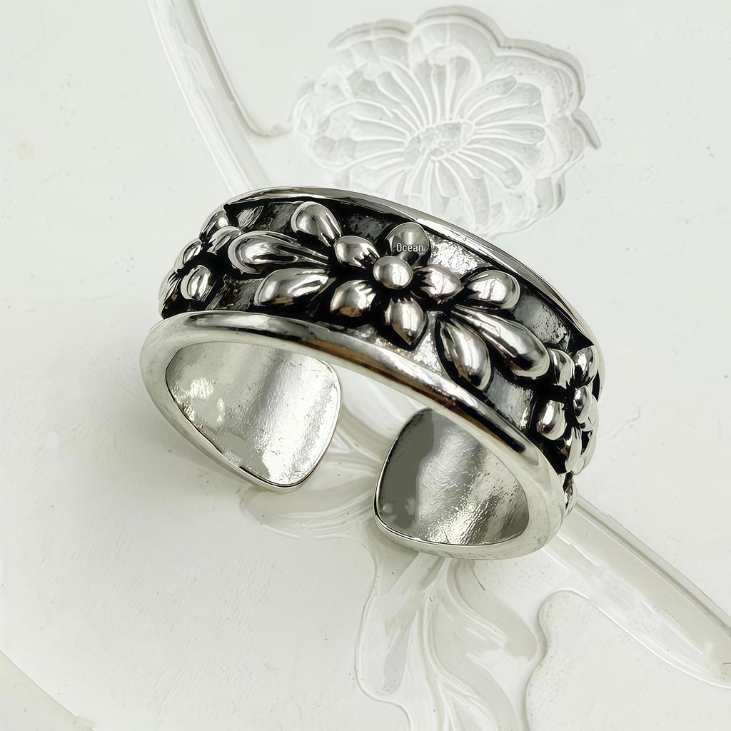 Unisex Adjustable Distressed Flower Open Ring - Versatile Alloy Design