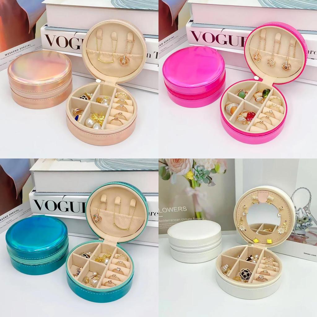 Jewelry Storage Box Round Portable Pu Leather With Laser Pattern For Gift And Organization