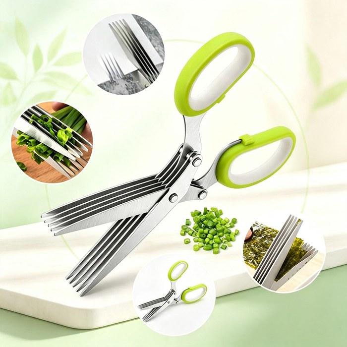 [Kikkerland] Stainless Steel Kitchen Scissors with Safety Cover & Cleaning Comb, 5-Blade Vegetable & Herb Shredder, Green, Medium