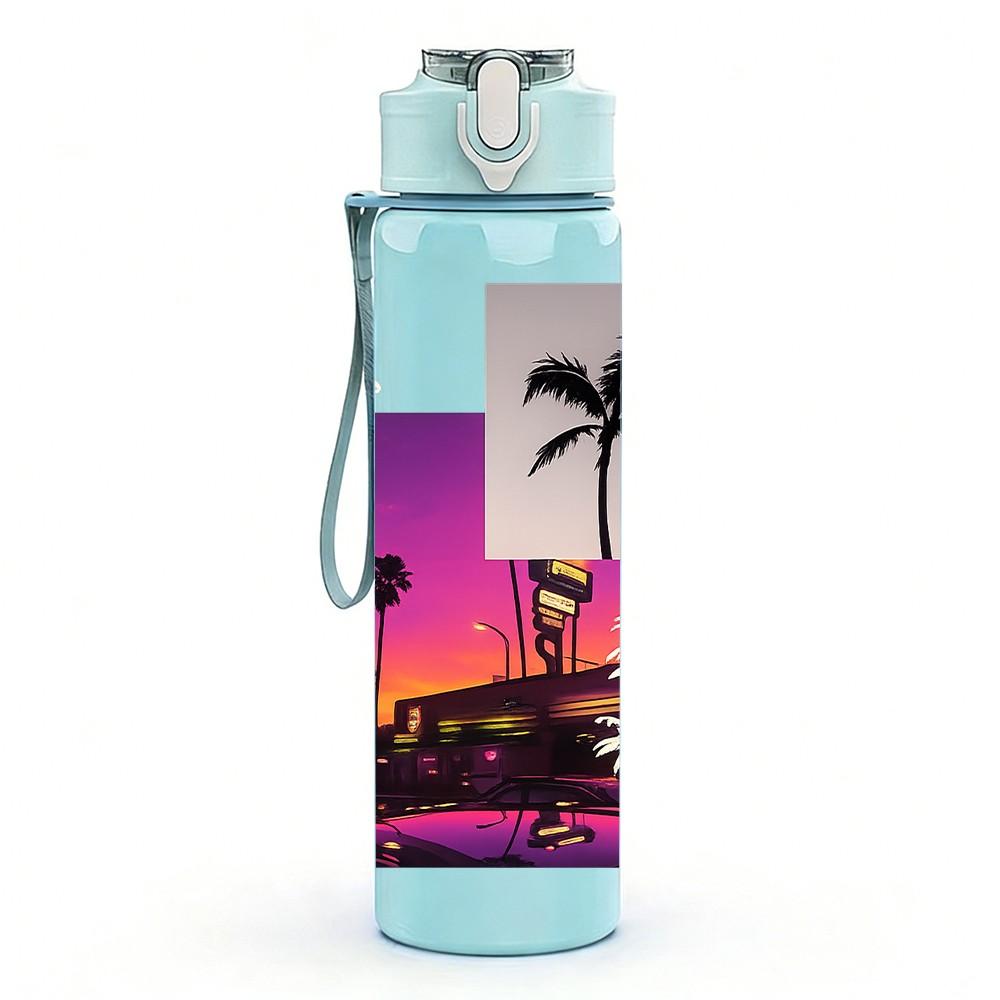 1PC Palm Tree Sunset Beach Retro Print 750ml Color Plastic Sports Water Bottle Leakproof Flip Straw Lid Suitable for Sports Office Home Use