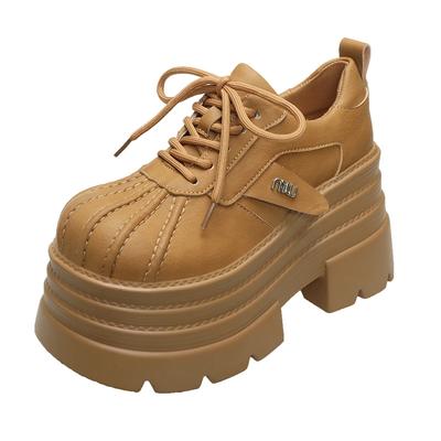 New Spring Women's Leather Sneakers High Platform Lace-up Casual Shoes Thick Sole 10CM Heels Walking Shoes Mujer
