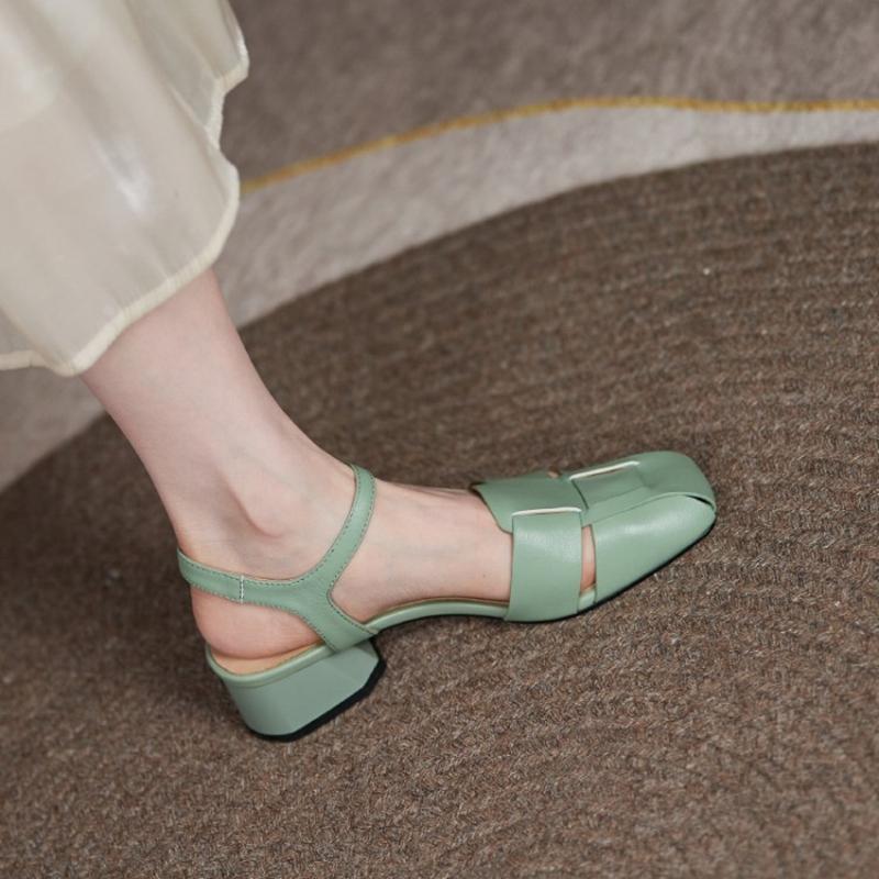 Cow Leather Square Toe Thick Med Heels Autumn Summer Buckle Straps Shoes Hollow Decorations Women Shallow Sandals