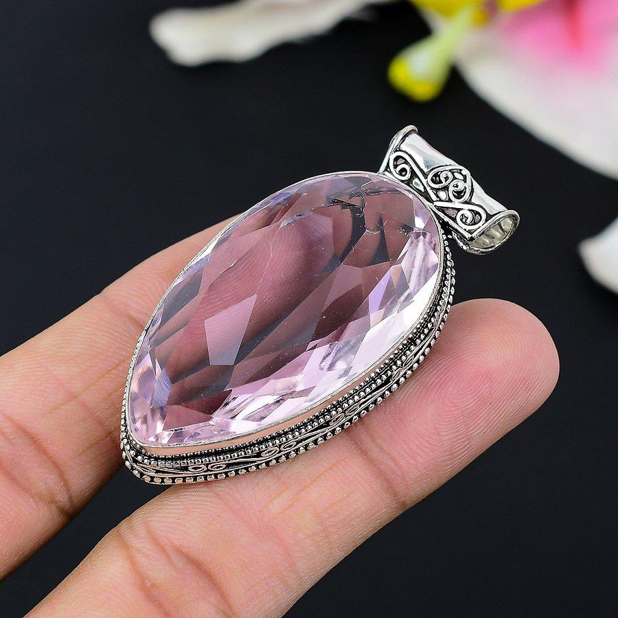 Pink Kunzite Gemstone Handmade 925 Sterling Silver Jewelry Pendant 1.54" KG-111