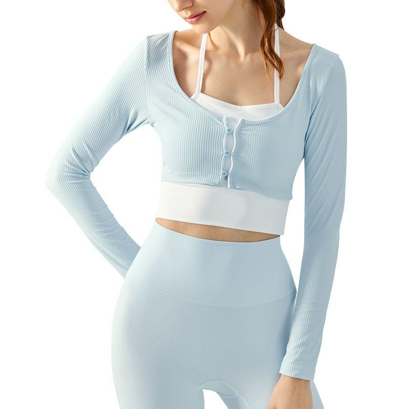 Export Semi-Fixed Cup Halterneck Fake Two-Piece Yoga Clothes Women's Long Sleeve Short Breathable Workout Clothes Sports Tops Spring & Fall