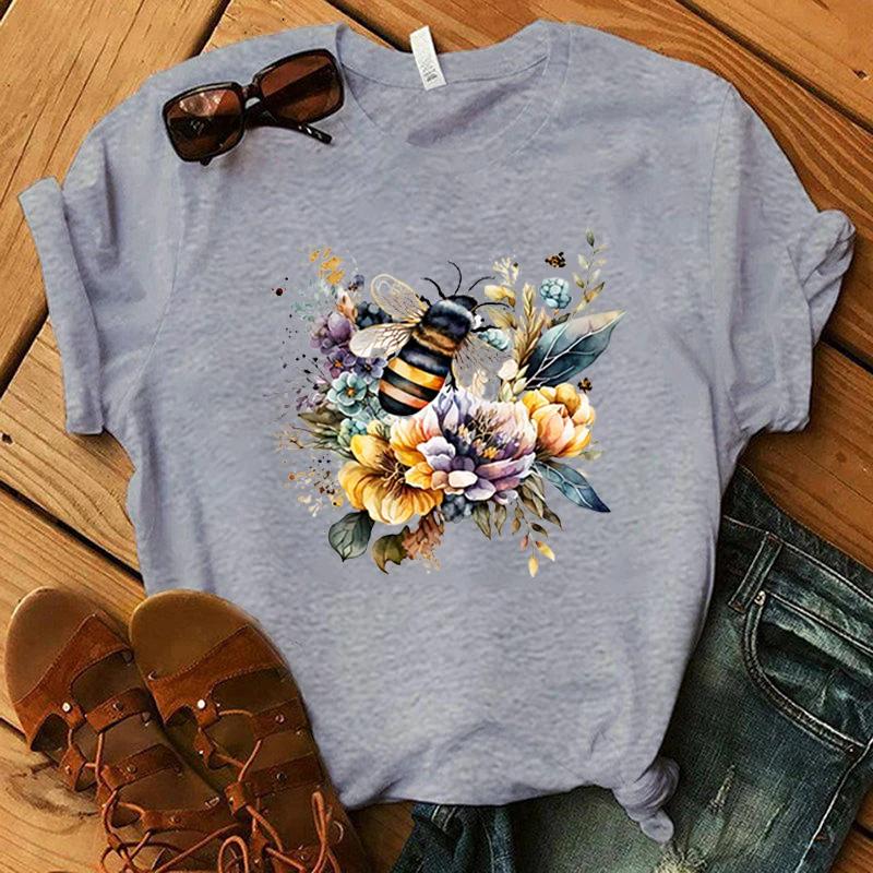 Fashion Flower Bee Print T-Shirt Girl T Shirt Soft Print Top Unisex Tee Clothing Casual O-Neck Short Sleeve
