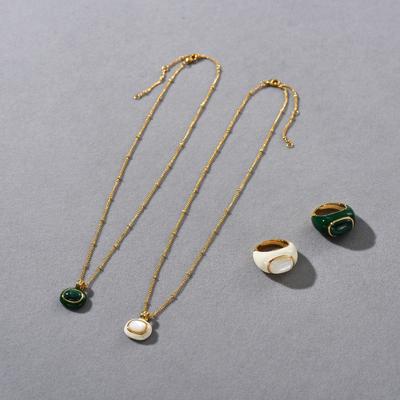 Premium Copper Plated 18K Real Gold Natural Malachite White Fritillary Drop Glaze Ring Niche Simple Fashion Necklace