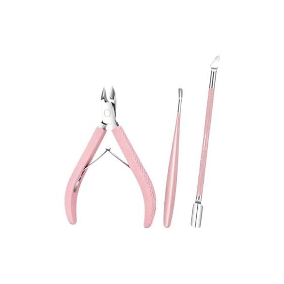 Professional cuticle treatment nipper 3-piece set, stainless steel, nail care, self-nail care, maintenance tool, pink, precision polishing, anti-slip