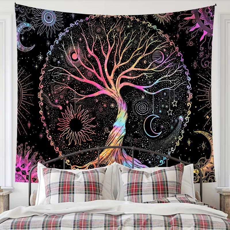 2D Regenbogen Baum des Lebens Wandteppich, Schwarzer Hintergrund Sonne Mond Stern Wandbehang, Mystische Landschaft Dekoration