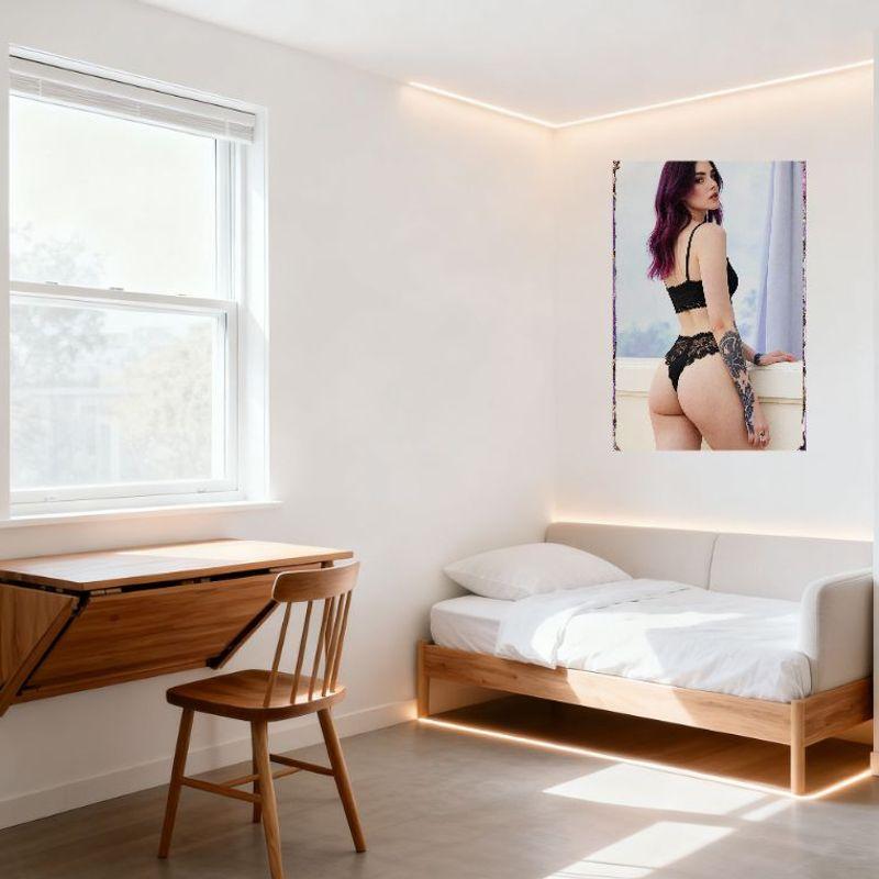 Sexy Purple Hair Woman Lingerie Tattoo Tin Sign Vintage Metal Poster for Home Decor, 8x12 Inch Wall Art with Sheer Curtains & Te