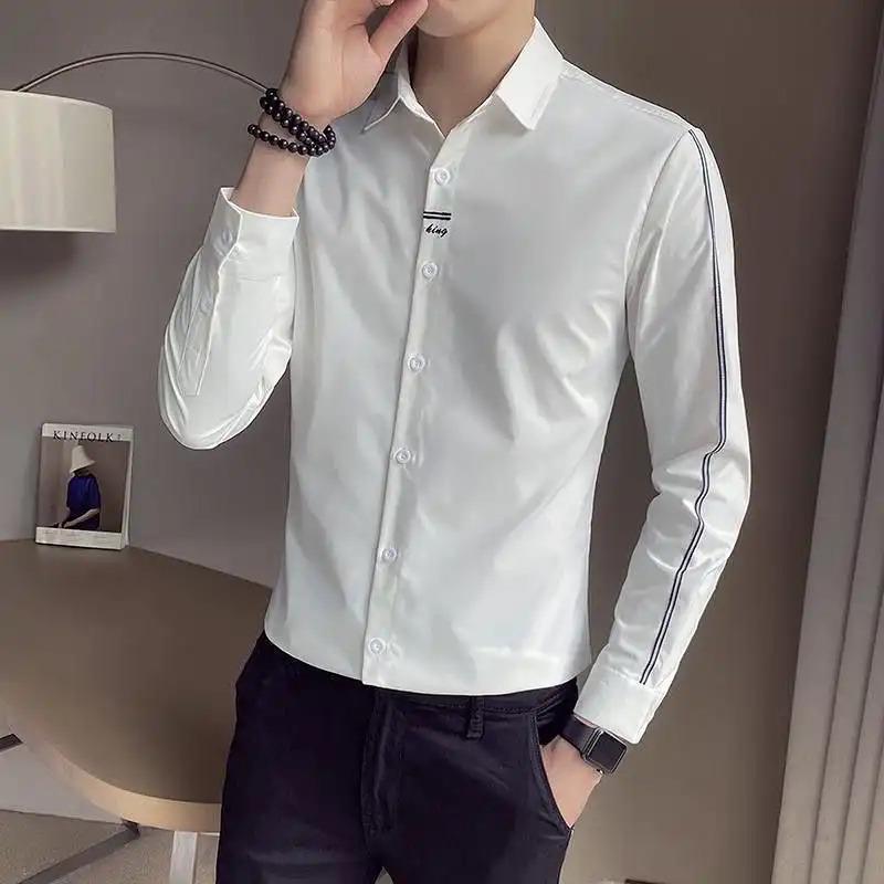 Men's Slim Fit Black Long Sleeve Shirt with Side Stripes Casual Business Formal Shirt