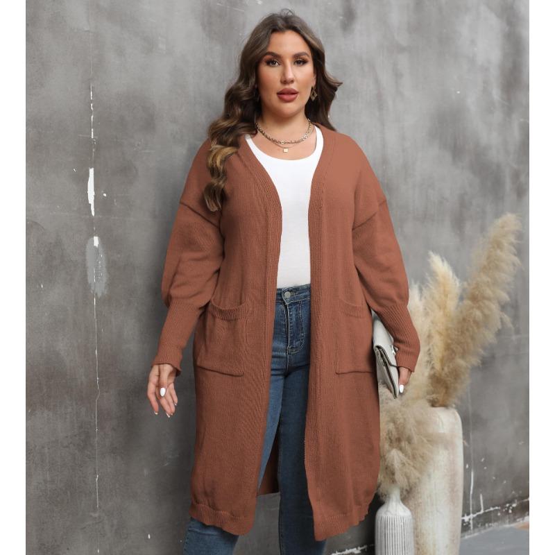 Damen Übergröße Locker Mittellang Laternenärmel V-Ausschnitt Doppeltasche Strick Cardigan Pullover