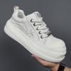 Men's White Genuine Leather Sneakers - Thick Sole, Versatile, Breathable, Comfortable, Top Layer Cowhide, Casual Autumn Shoes