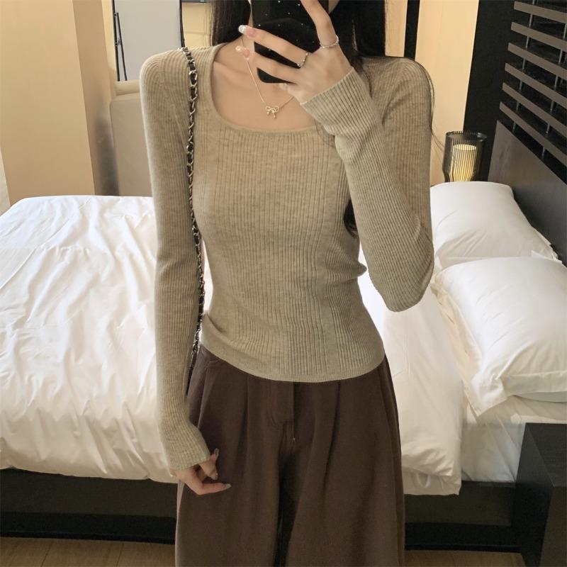 Texture square collar inner top bottoming shirt women's spring and autumn sweater slim and thin pit strips front shoulder long sleeves