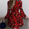Herbst Damen Rose Blumen bedruckt Revers Langarm Kleider