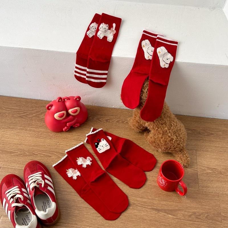 Big Red Socks Cartoon Middle Tube Peace, Joy, Wedding Good Luck Socks Gift Red Socks