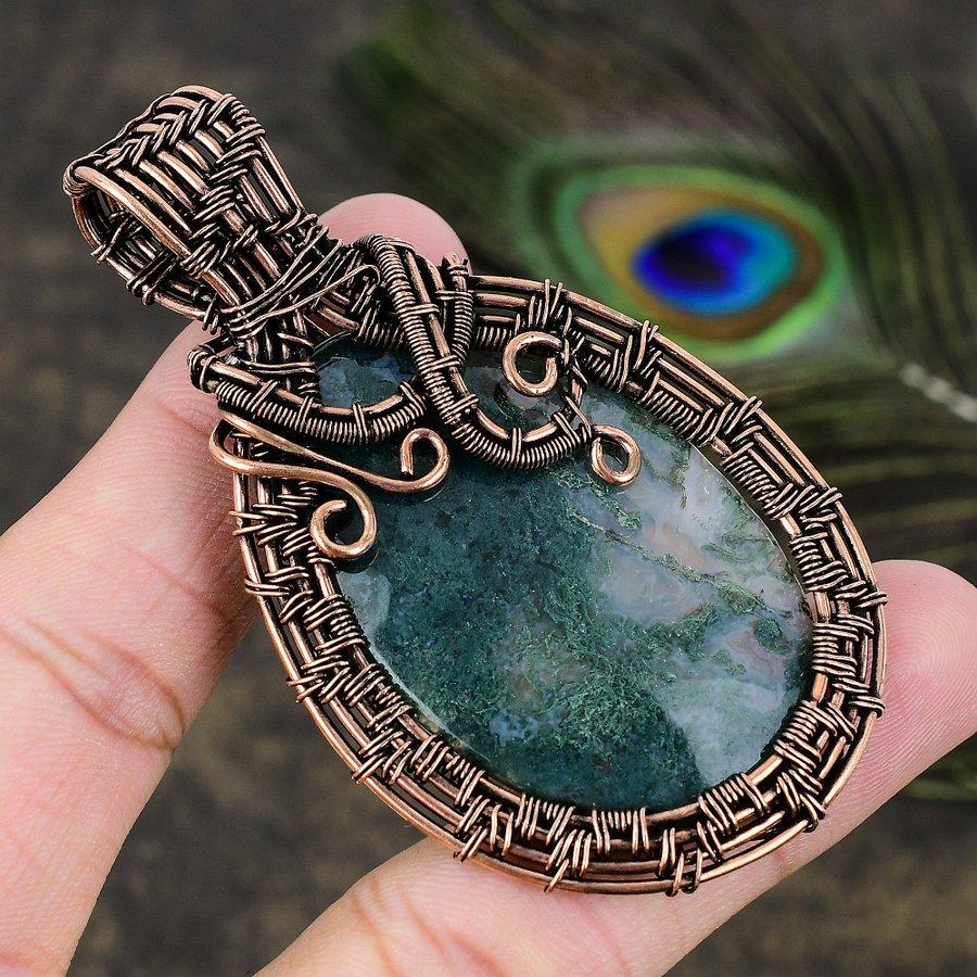 Indian Moss Agate Gemstone Copper Wire Wrap Jewelry Pendant 3.15