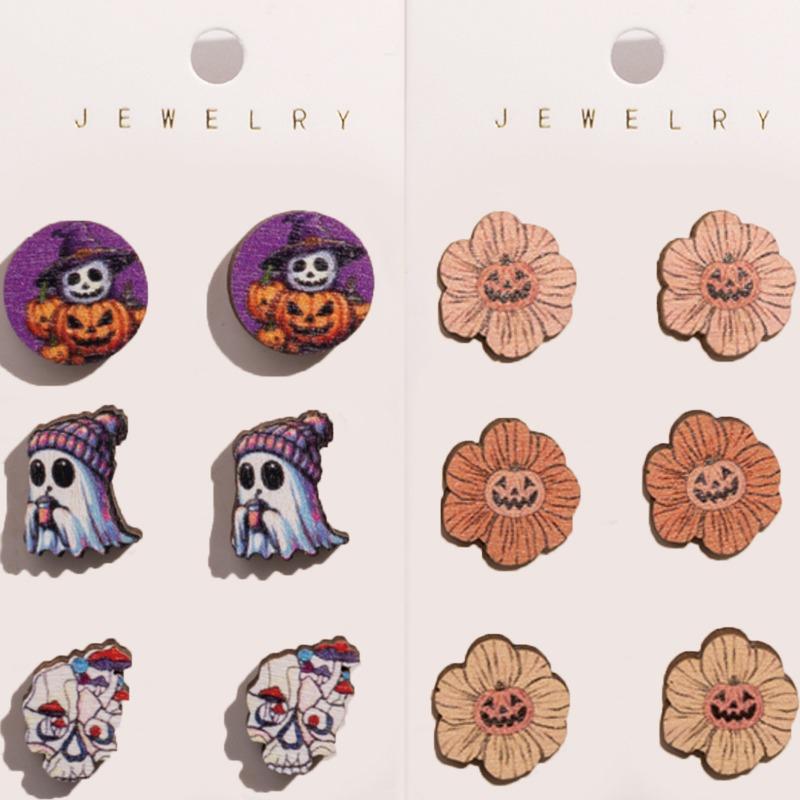 Halloween Cartoon Funny Ghost Pumpkin Kid Wooden Decorative Stud Earrings Combination Set