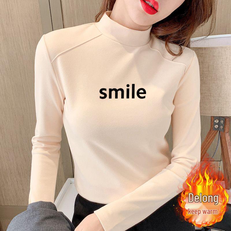 Double-Sided Velvet Long-Sleeve Semi-High Collar Fleece-Lined Women's Base Shirt - Slim Fit, Spring/Autumn Style