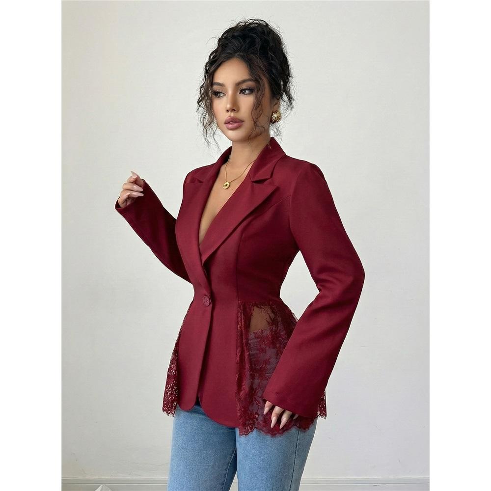 Blazer Donna alla Moda Primavera Estate Colore a Contrasto Pizzo in Vita Slim Linea ad A