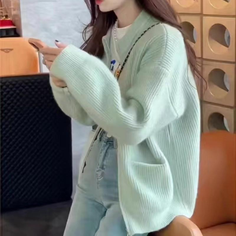 

Двойная молния однотонный дизайн Sense свитер кардиган женский осень и зима свободный повседневный вязаный свитер женский One Size светло-зеленый