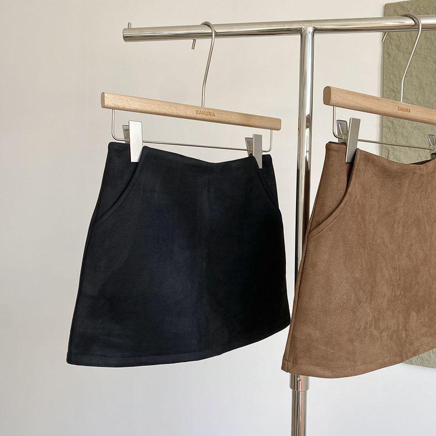 Retro Suede High-Waisted A-Line Mini Skirt Pants - 2025 Autumn/Winter Korean Style