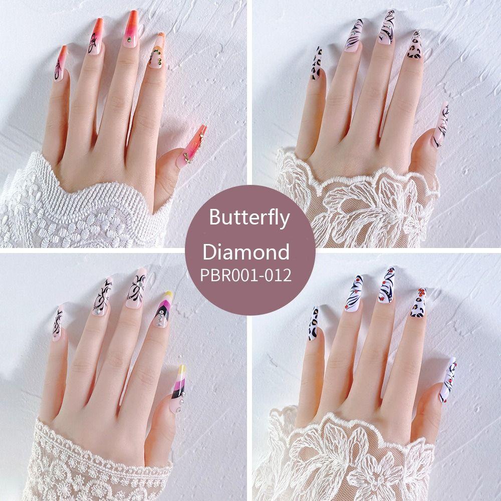 

Французский узор бабочки съемный полный покров Накладные ногти Авроральное сверло Длинные накладные ногти балерины