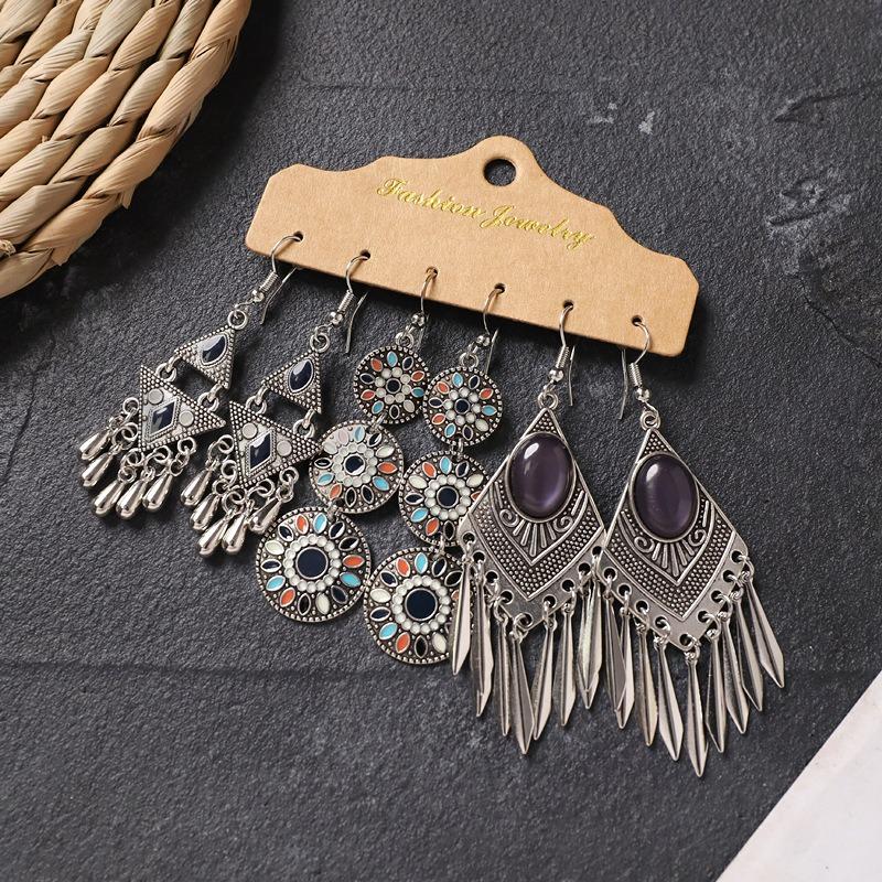 Retro long earrings, Tibetan silver tassel women's bohemian high-end metal vacation earrings set