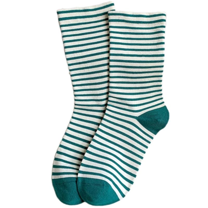 Womens Japanese Korean Cotton Middle Calf Socks Elegant College Style Casual Multicolored Striped Crew Socks Streetwear