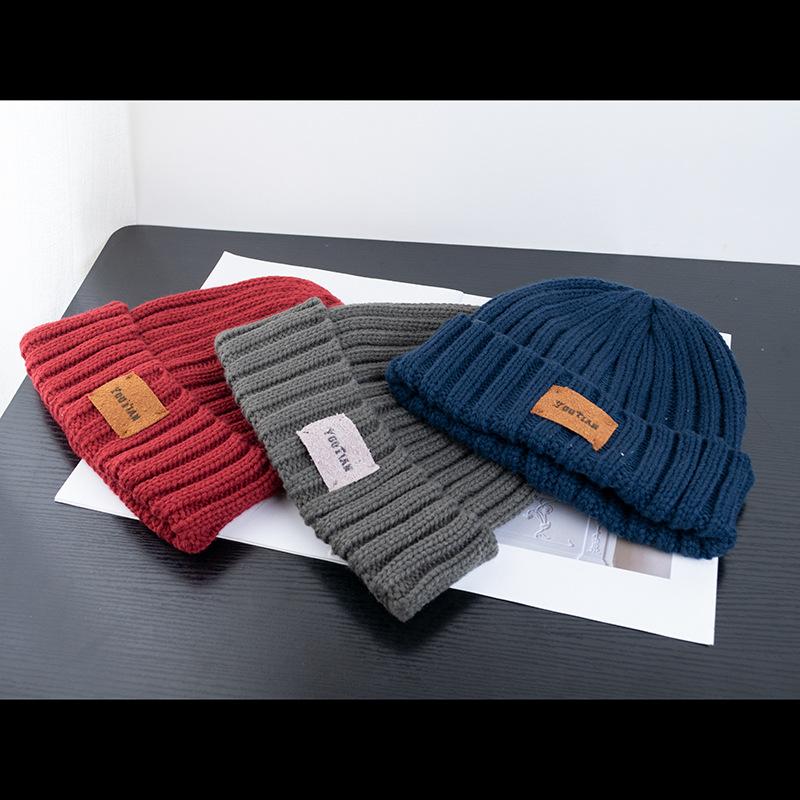 Pălărie cu etichetă din piele de epocă, șepci de toamnă și iarnă pentru femei, pălării din fire tricotate cu dungi calde