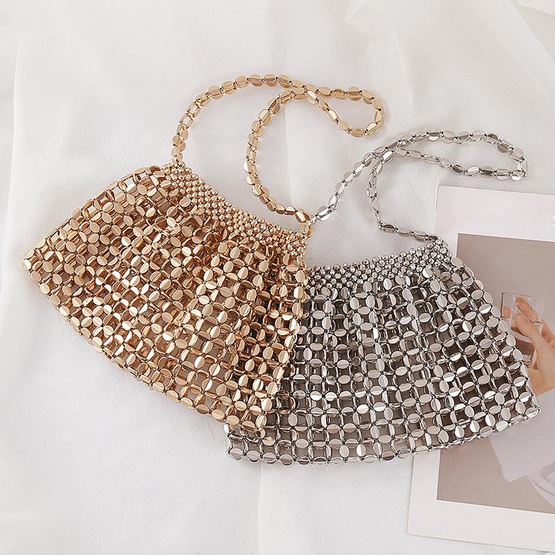 Yogodlns Women Summer Woven Hand Bag Luxury Design Hollow-out Silver Hand Woven Single Shoulder Underarm Bag