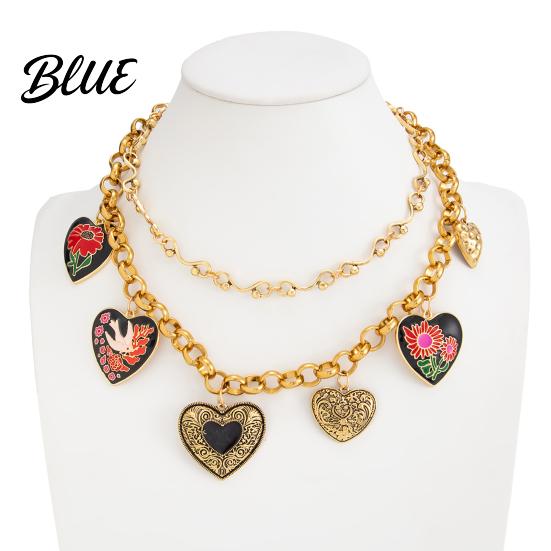 Oxidization Resistant Necklace Floral Heart Charms Necklace Double Layer Vintage