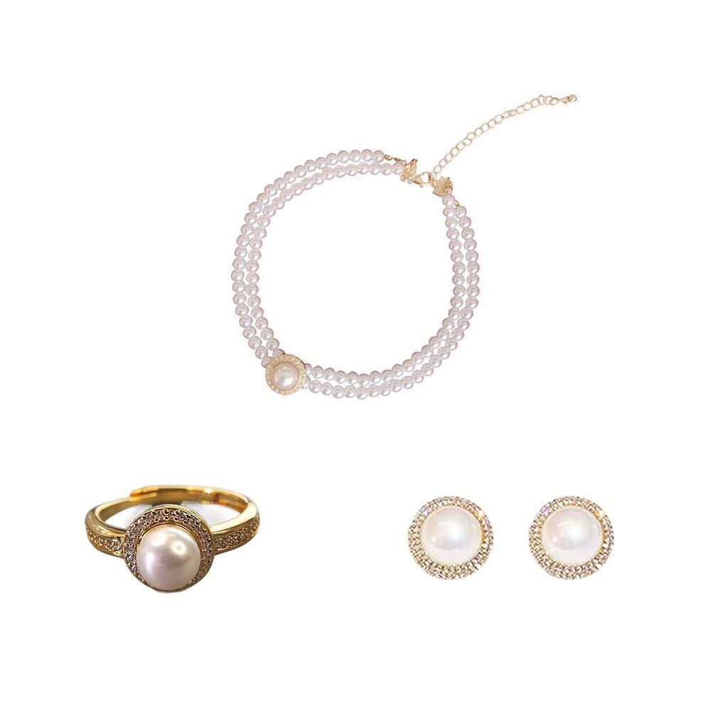 Classic Luxury Banquet Pendant Zircon Necklace Pearl Earrings Women Jewelry Korean Style Ring