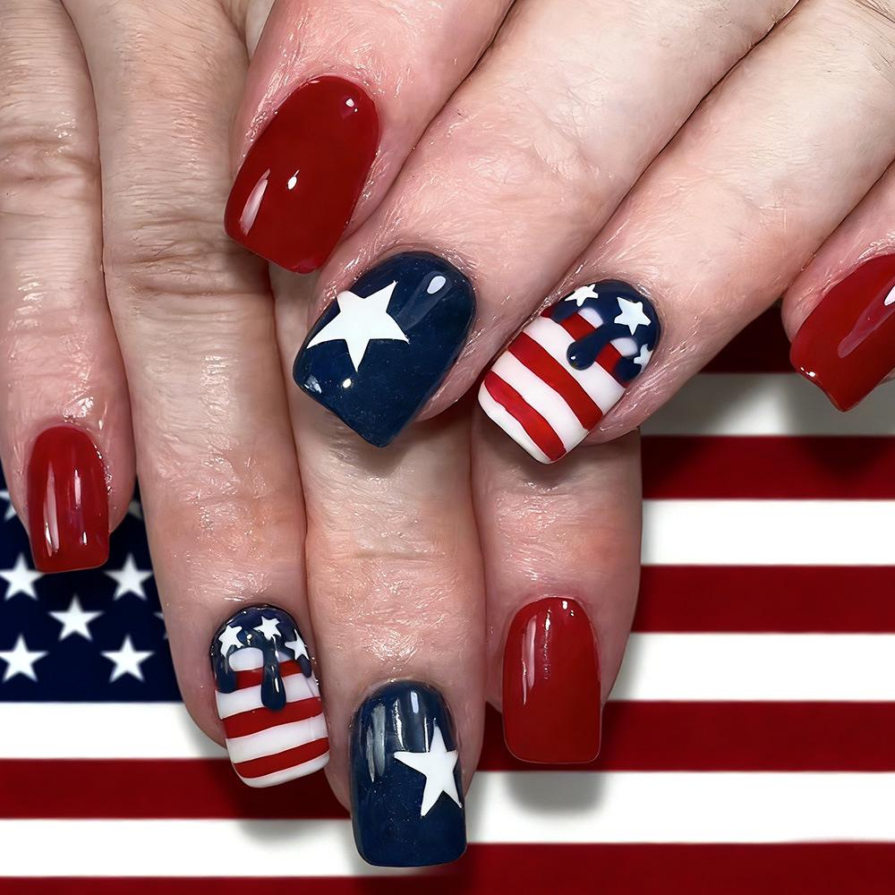 

Independence Day European Style Blue Red White Star & Stripe Wearable Nail Art - 24 Removable False Nails