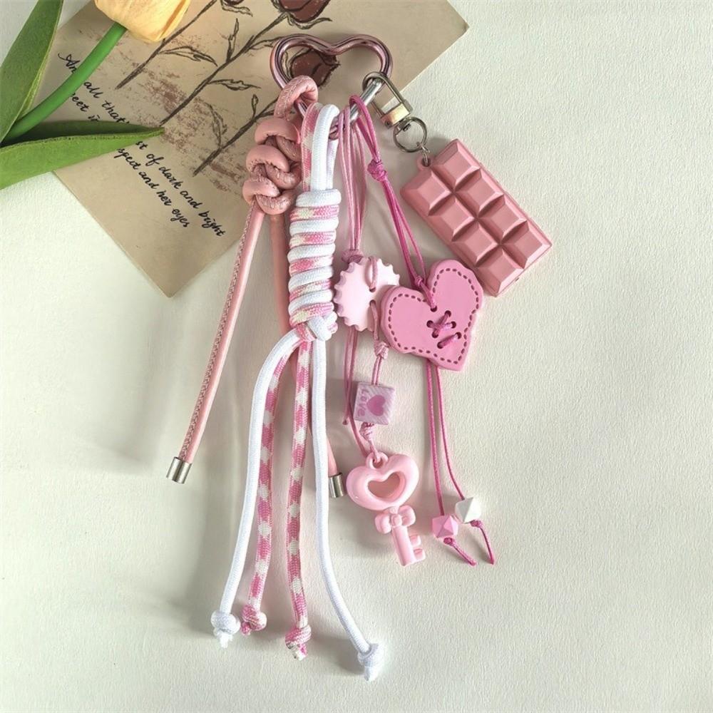 Y2k Acrylic Heart Keychain Hand-Woven Anti-Lost Braided Rope Key Chain Heart-shaped Macaron Color Bag Pendant Girls Gift
