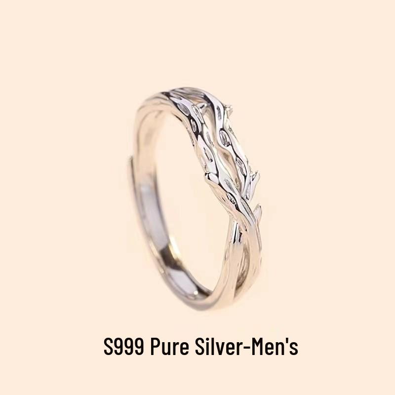 Sterling Silver Lianli Branch Couple Rings – Open Design Wedding Bands for Men and Women, Unique Gift Adjustable
