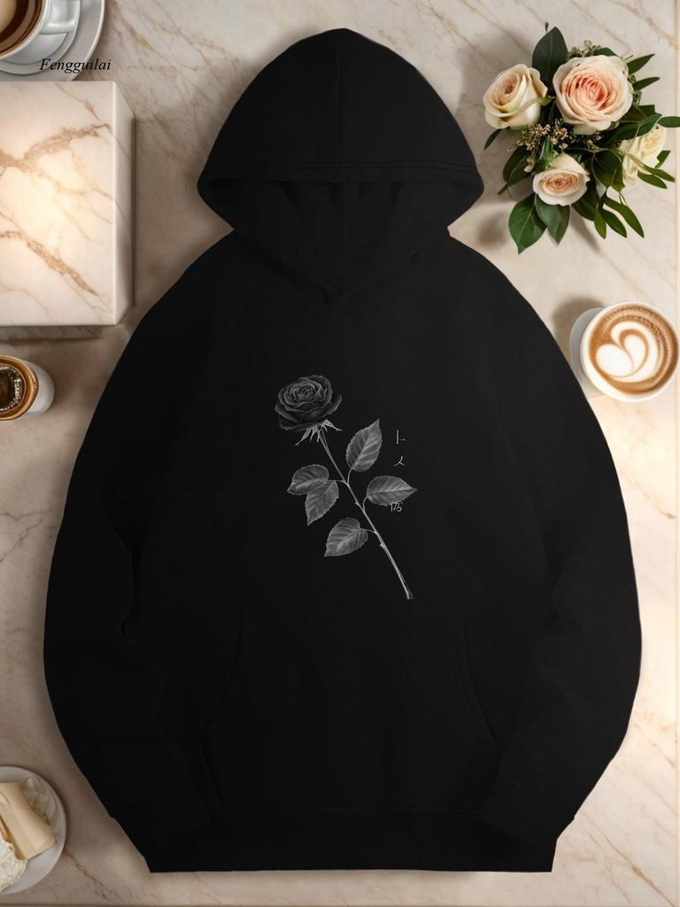 Elegant Black Rose Floral Print Women Hooded Sweatshirt Pocket Pullover Hoodie High Quality Fabric All-Season Casual Women Hoody