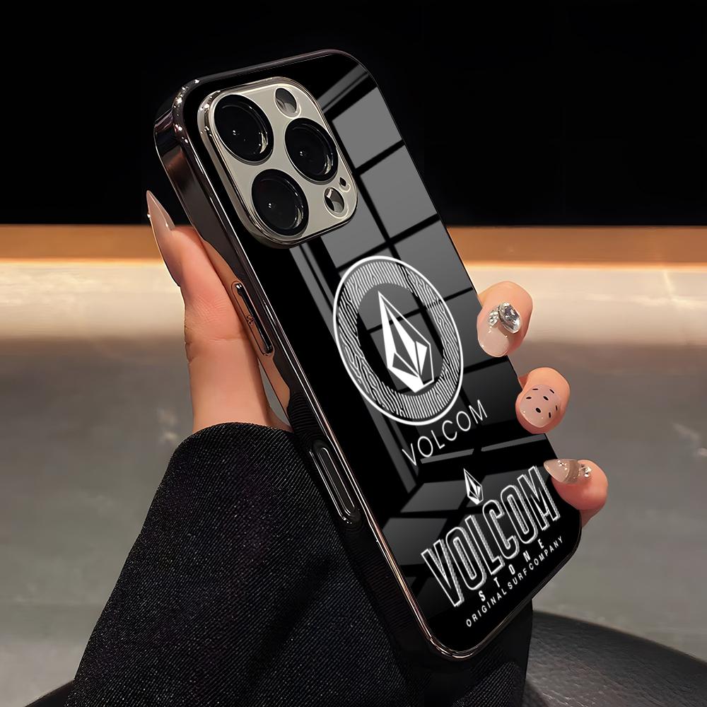 

V-VolcomS Fishion Luxury Phone Case Luxury Glass Phone Case For IPhone 17 16 15 14 13 12 11 Pro Max Plating Frame Cover iPhone 14 Plus