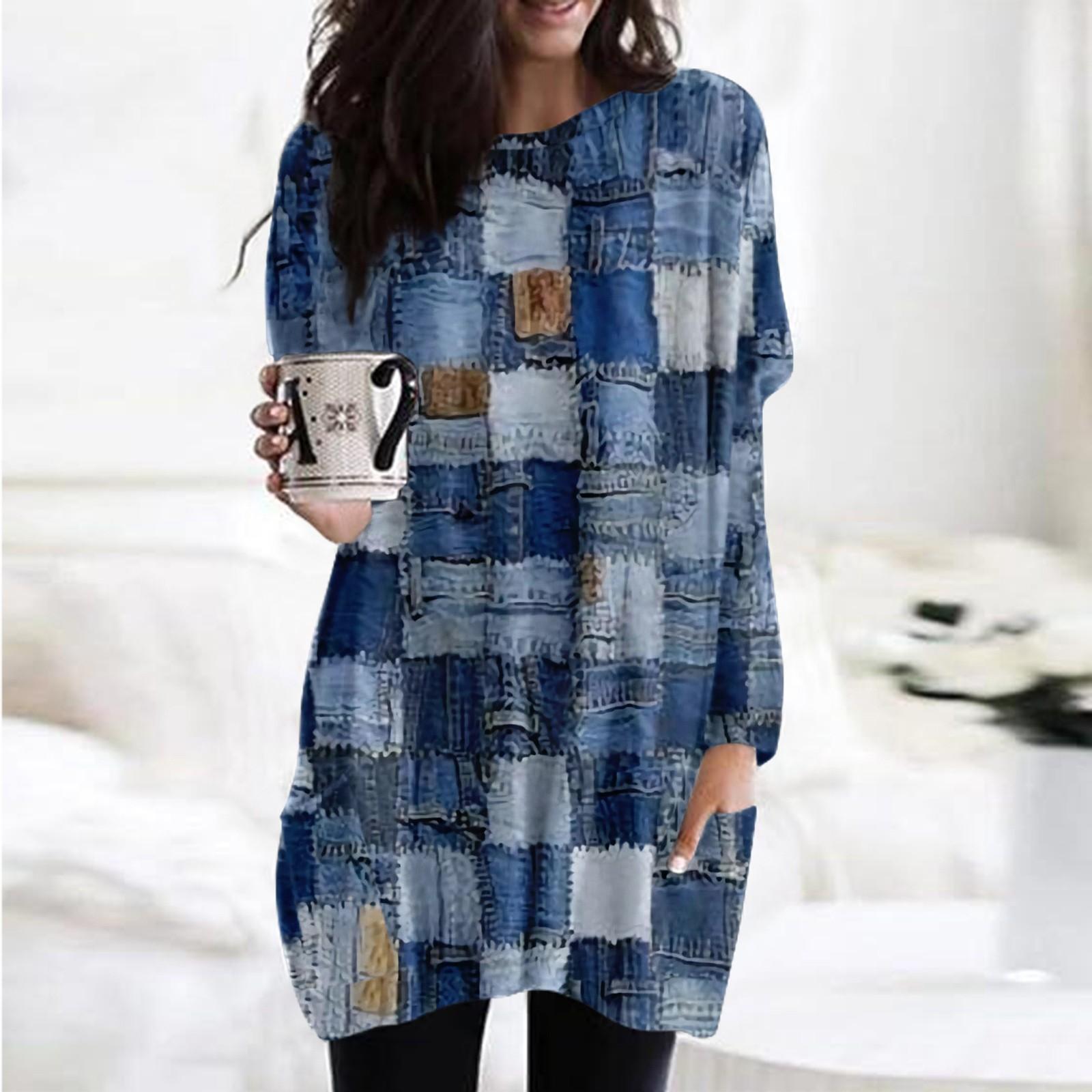 

Женская толстовка с круглым вырезом и принтом, платье-рубашка с длинными рукавами и принтом, пуловер свободного покроя, свободный крой, топы с карманами XXXL синий