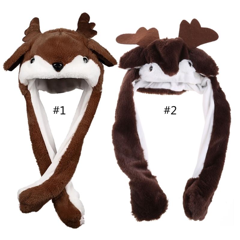 Plush Animal Hat Winter Warm Beanie with Long Ear Flaps Cute Elk with Moving Ears Christmas Gift for Teens Boys Girls