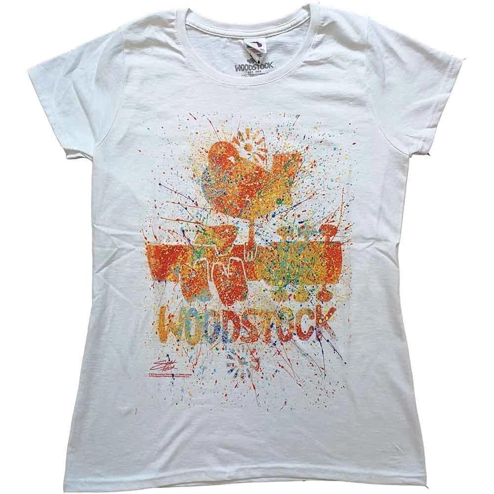 Woodstock T Shirt Splatter Logo Official Womens Skinny Fit White M 3XL