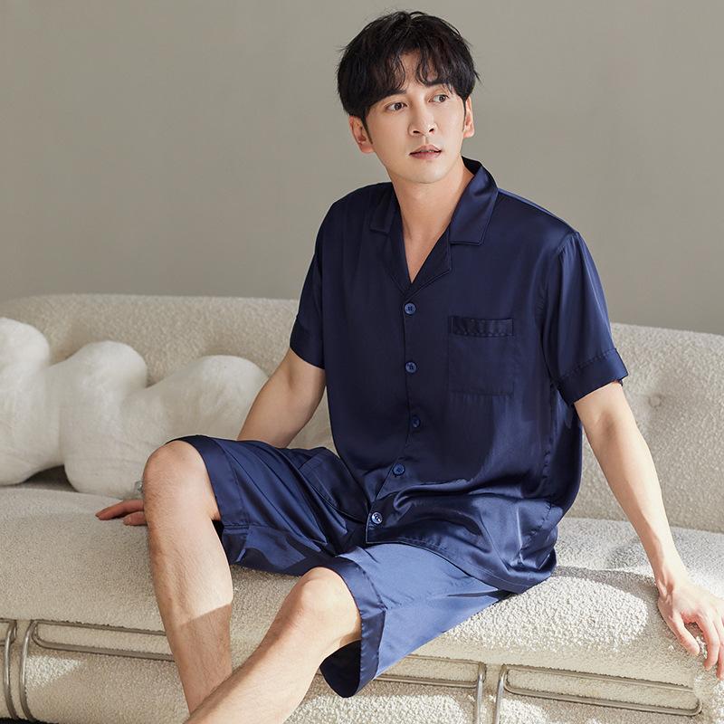 Pajamas Men's Spring and Summer Ice Silk Short Sleeve Homewear Men's Silk Simulation Silk White Summer Thin Premium