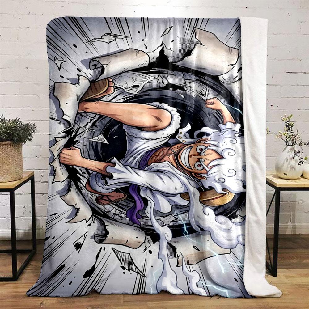 A character with wild white hair bursts through a wall with dynamic energy. for all seasons blanket lunch break throw gift