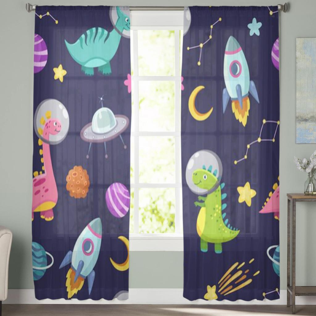 Space Rocket Planet Dinosaur Sheer Curtains For Living Room Bedroom Tulle Curtains Kitchen Window Treatments Panel Drapes
